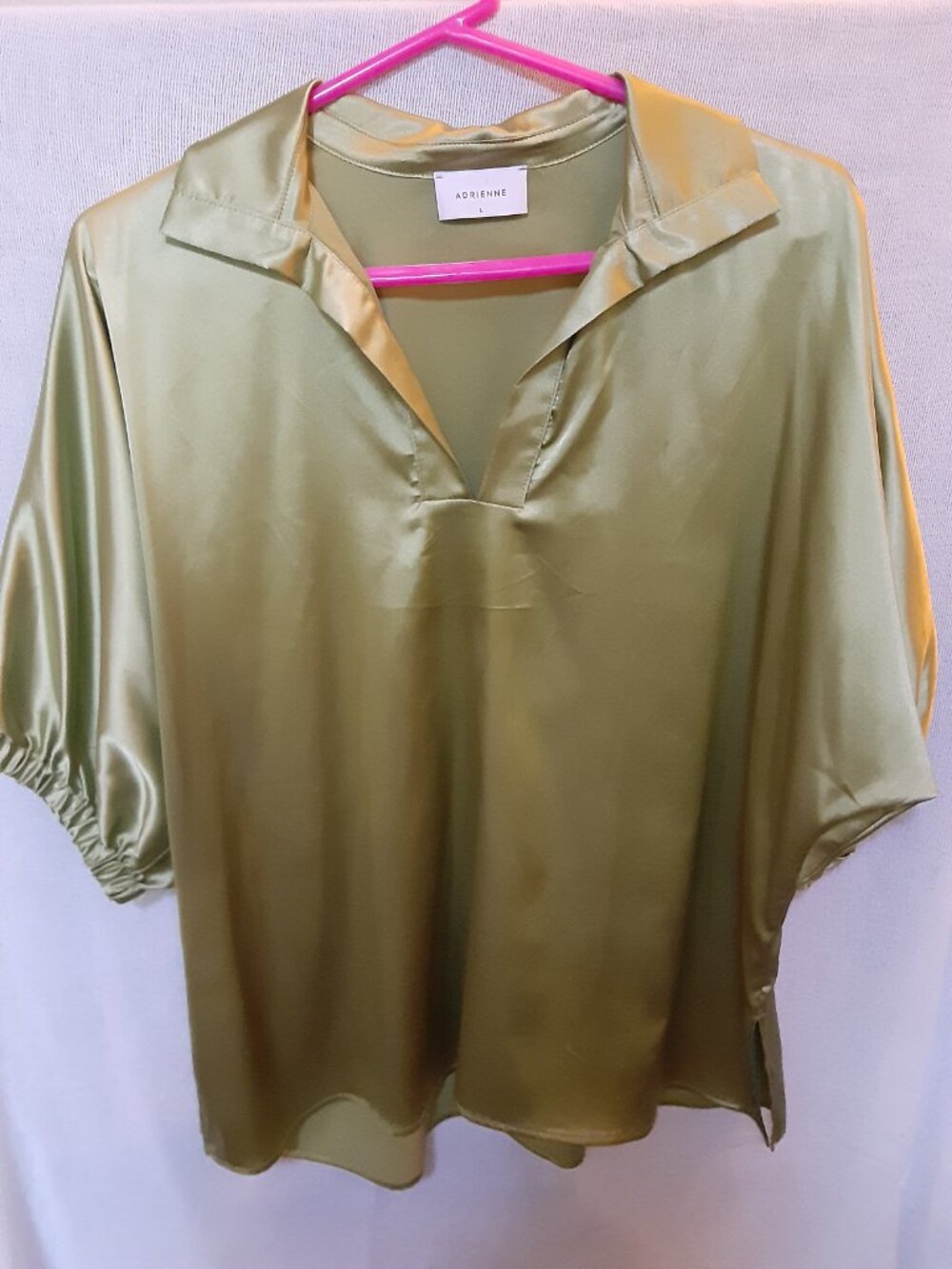 Adrienne size L Light green blouse dolman sleeves polyester hand wash